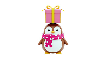 Cute Penguin with Gift on Head and Pink Polka Dot Scarf