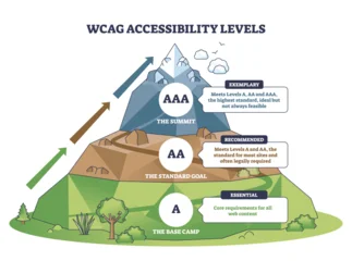 Fototapete Rund Restaurant WCAG accessibility levels brief, mountain roadmap maps A, AA, AAA from base camp to summit, key objects, mountain, upward arrows, level badges. Outline diagram  © VectorMine
