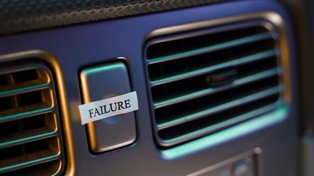 A sticker with the word FAILURE stuck on the emergency stop button in a car, close-up