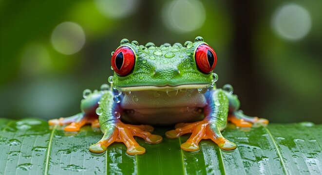 Vibrant red eyed tree frog perched on green leaf in natural habitat