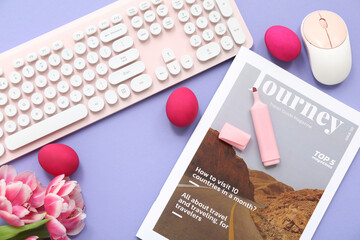 Easter eggs, marker, flowers, magazine, computer keyboard and mouse on lilac background