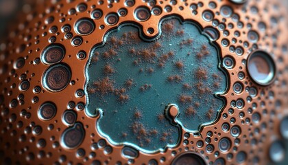 Abstract macro view of iridescent liquid pooling on textured metallic surface with diverse sized droplets and granular