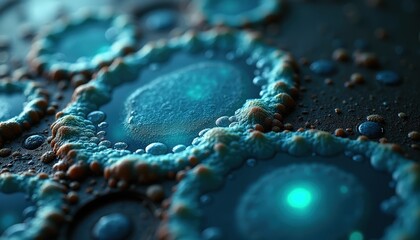 Microscopic view of luminous blue cells with textured orange borders against a dark background in macro photography