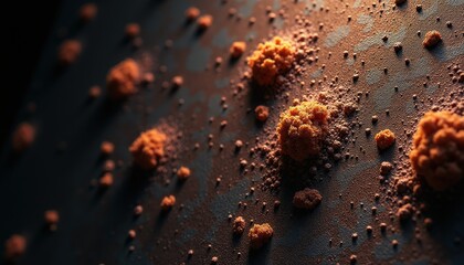 Close-up abstract macro view of textured orange organic particles scattered across a dark gritty metallic surface with