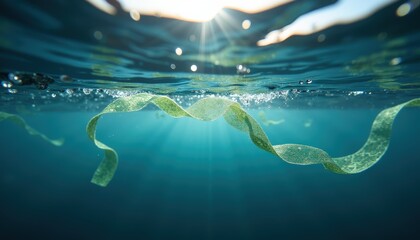 Underwater view of floating green seaweed ribbons illuminated by bright sun rays creating ethereal light beams in deep