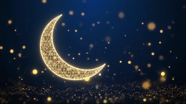 Golden Glowing Crescent Moon with Sparkling Particles on Dark Blue Background