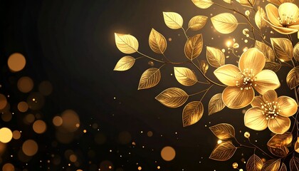 Golden floral artwork, blooms and leaves on a dark background, bokeh highlights