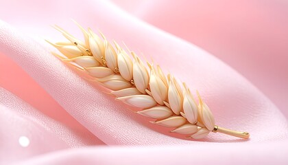 Wheat stalk rests on folds of soft, light pink fabric