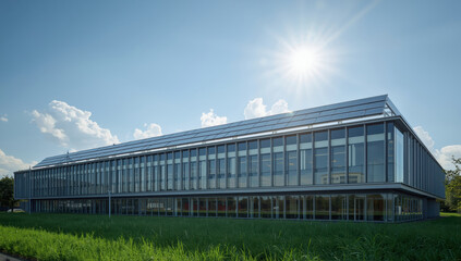 Obraz premium Modern office building with solar panels on roof and sunlit glass facade, calm sustainable design