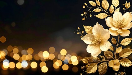 Golden flowers with bokeh on dark background, delicate and decorative design