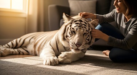 Woman petting a white tiger indoors with natural lighting and copy space