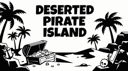 black and white vector scene showing a deserted pirate island with palm trees buried treasure and sandy landscape representing survival exploration and classic treasure hunt themes © Evan