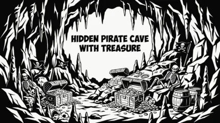 Poster Piraten hidden pirate cave filled with treasure chests gold coins and rock formations black and white vector scene featuring representing secret locations mystery and treasure hunting adventure  © Evan