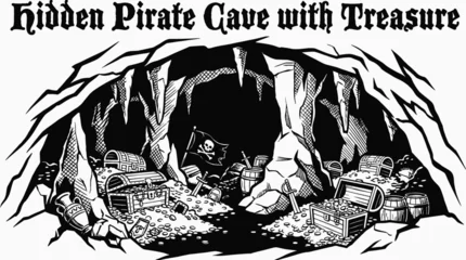 Poster Piraten hidden pirate cave filled with treasure chests gold coins and rock formations black and white vector scene featuring representing secret locations mystery and treasure hunting adventure  © Evan