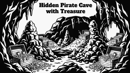 Poster Piraten hidden pirate cave filled with treasure chests gold coins and rock formations black and white vector scene featuring representing secret locations mystery and treasure hunting adventure  © Evan