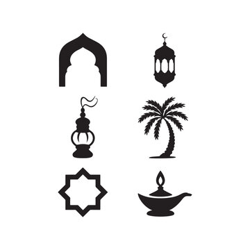 Islamic icon set plam tree lanten ster silhuoette vector