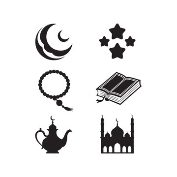 Islamic icon set mosque moon ster black silhuoette vetor 