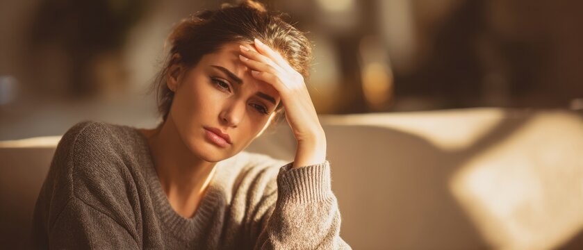 The woman in a cozy sweater looking pensive on a sunlit sofa