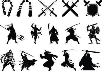 A dynamic collection of flat design ninja icons, illustrating various stealthy warrior poses and traditional martial arts weapons for action-themed graphic projects.Ninja warrior vector illustration  © Vector Store