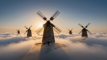 Obraz premium Silhouetted windmills rise above a sea of clouds during sunrise, creating an ethereal and dreamlike scene with soft focus.