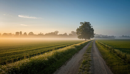 Naklejka premium Misty country road at sunrise with lone tree and golden light