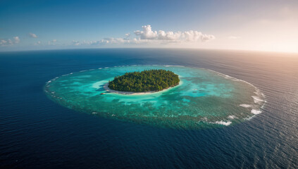 Obraz premium Tropical island lagoon with white sand and turquoise water at sunset
