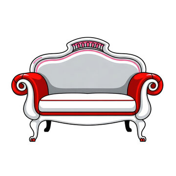 Ornate Red and White Sofa, Illustration with Transparent Background