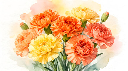 温かいオレンジと複色のカーネーションの花束、水彩アート