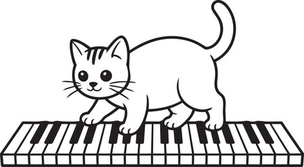 Cute cat walking playfully on a full piano keyboard silhouette black vector © ArtifyStock
