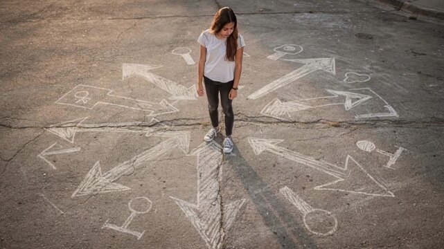 Pensive girl choice future profession road chalk arrow symbol career path decision thoughtful teenager confused student life uncertain young standing