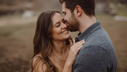 Fototapeta premium Young couple embrace smiling in outdoor romantic portrait