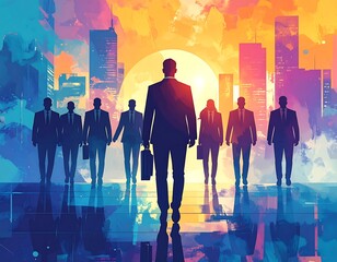 Group of business people walking towards a bright, colorful skyline