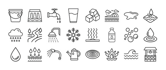 Outline Water Icon Set in Line Art Style for Drop, Wave, Glass, Bottle, Tap, Hydration, Clean Drinking Water, and Digital Interface Design
