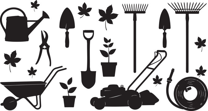 Assorted gardening tools and equipment in black and white illustration isolated on white background