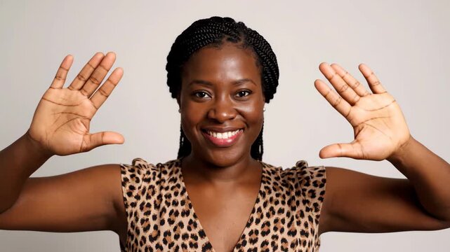 A beautiful Black woman with a radiant smile and open palms poses confidently in a studio.