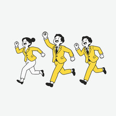 Fototapeta premium Three Business People Running Together in Yellow Suits.