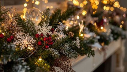 Festive evergreen garland with red berries, snowflake ornaments and warm fairy lights