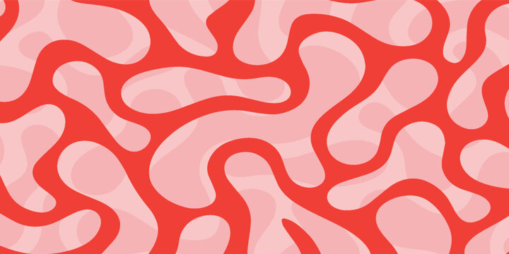 Seamless abstract pattern with organic red flowing shapes on a light pink background, creating a fluid and modern design.
