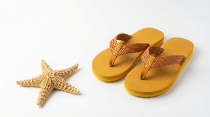 yellow flip flops with beige starfish on white background