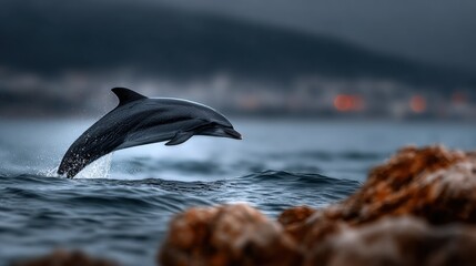 Obraz premium Dolphin dances above shimmering waves near rocky shores at twilight in a coastal wonderland. National Dolphin Day