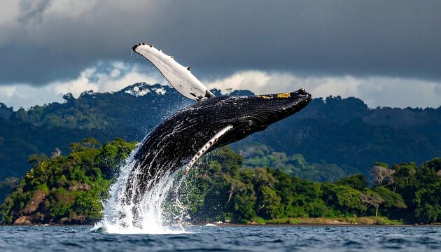 A humpback whale breaches the surface of the ocean, with lush green islands and a cloudy sky in the background