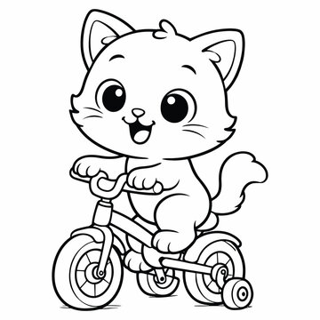 Cute Cat Riding Bicycle Kids Coloring Page Vector Line Art Illustration