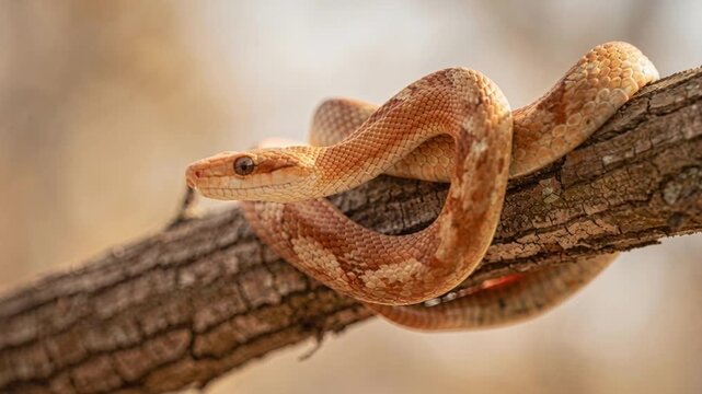 Calm alert corn snake reptile predator on wood branch in nature with orange brown scale skin pattern wildlife forest habitat watchful flicking tongue
