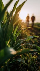Obraz premium Two farmers walk side by side through a corn field during sunset. A tractor is parked nearby as the sun sets on the horizon. The scene shows the end of a workday in the country