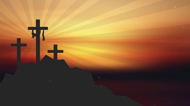 Horizontal Christian Easter Background. Silhouette of Empty Cross with Draped Cloth and Sunburst for Resurrection Sunday Worship