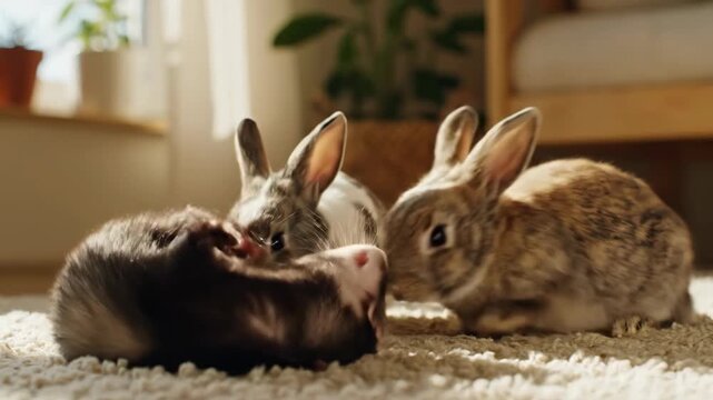 Three adorable small animals including rabbits and a ferret resting together indoors.