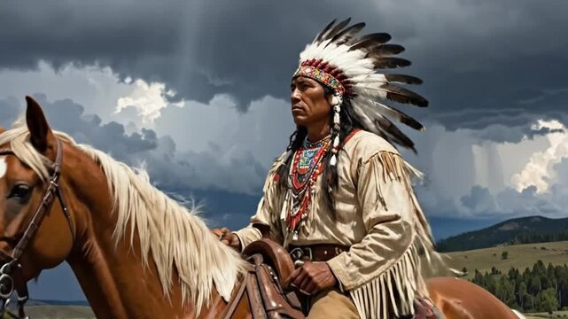 Native American man in traditional headdress riding a horse across a grassy field.