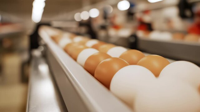 Automated conveyor belt transporting fresh brown and white chicken eggs in a modern industrial poultry processing plant for sorting and packaging