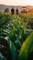 Obraz premium Two farmers walk side by side through a corn field during sunset. A tractor is parked nearby as the sun sets on the horizon. The scene shows the end of a workday in the country