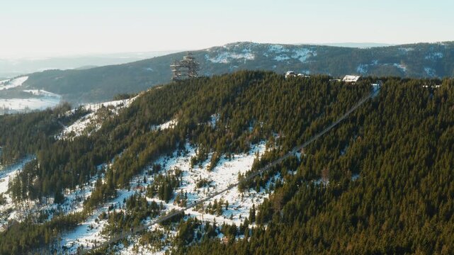 Aerial view of Sky Bridge 721 and Sky Walk tower at Dolni Morava Ski Resort in the Czech Republic. 